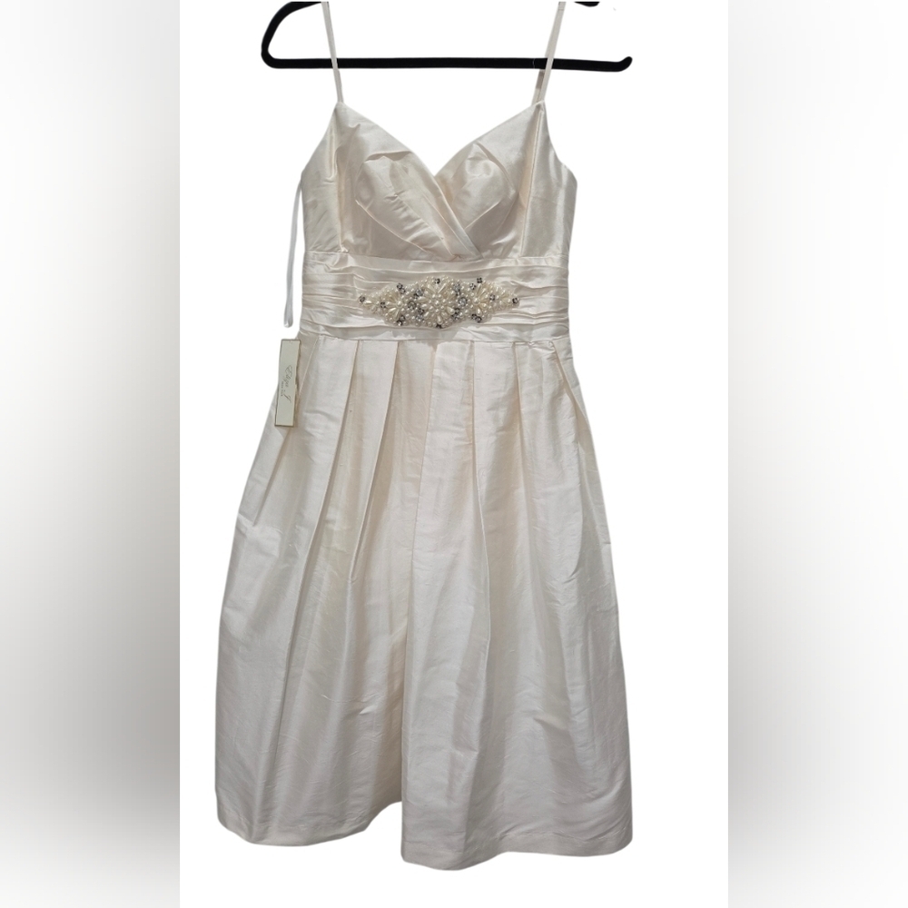 Eliza J Off White 100% Silk Formal Pleated Dress Beaded Waist, Nwt, Size 6